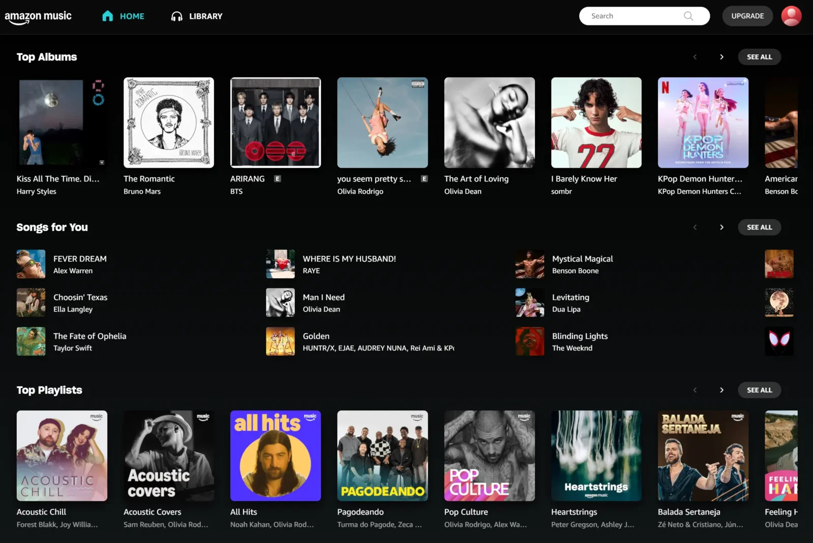 Homepagina van Amazon Music